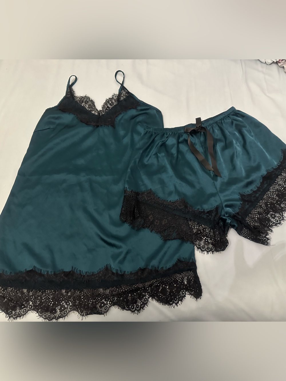 Teal Satin Cami Nightdress & Shorts Set with Black Lace Trim